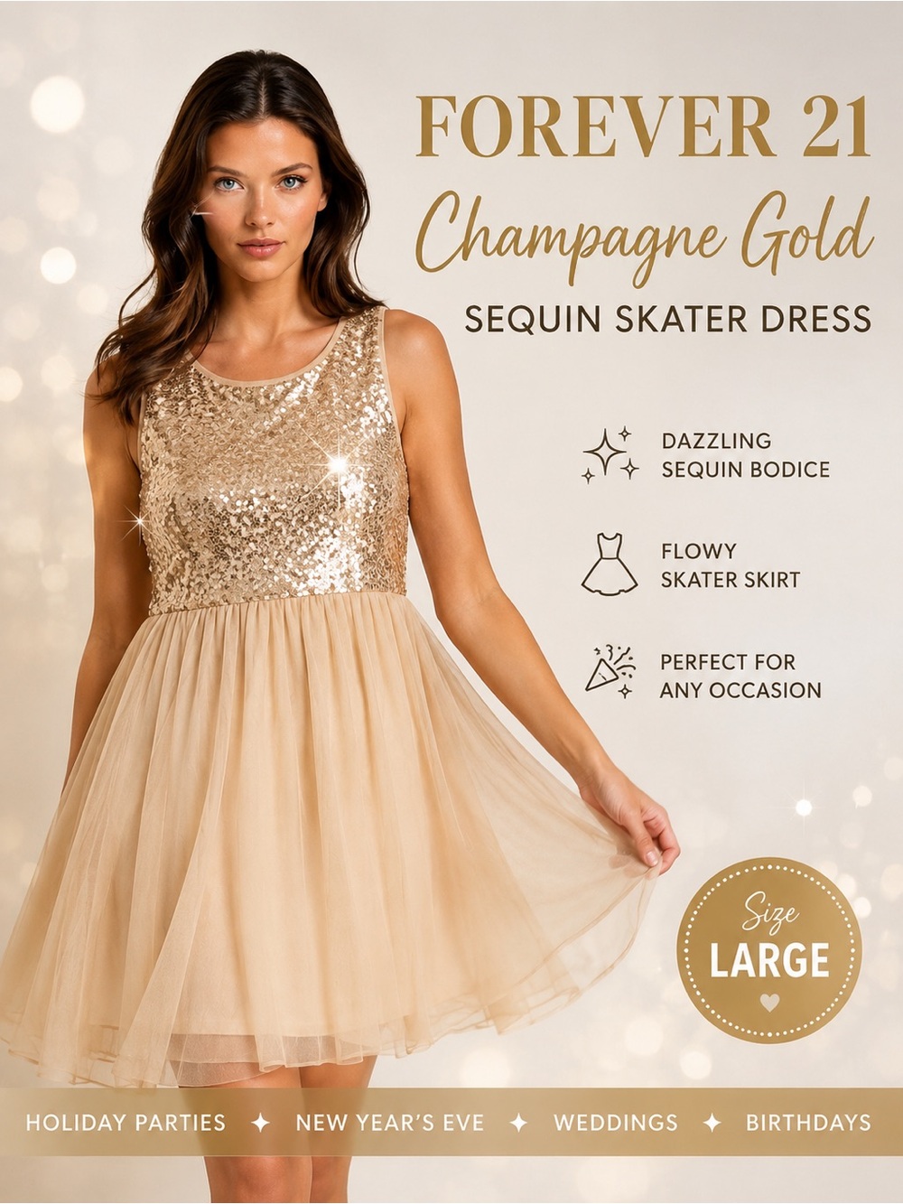 Forever 21 Champagne Gold Sequin Skater Dress | Large | Holiday Party NYE